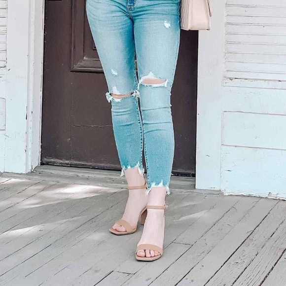 Beige High Strap Block Heels - Picture 8 of 9